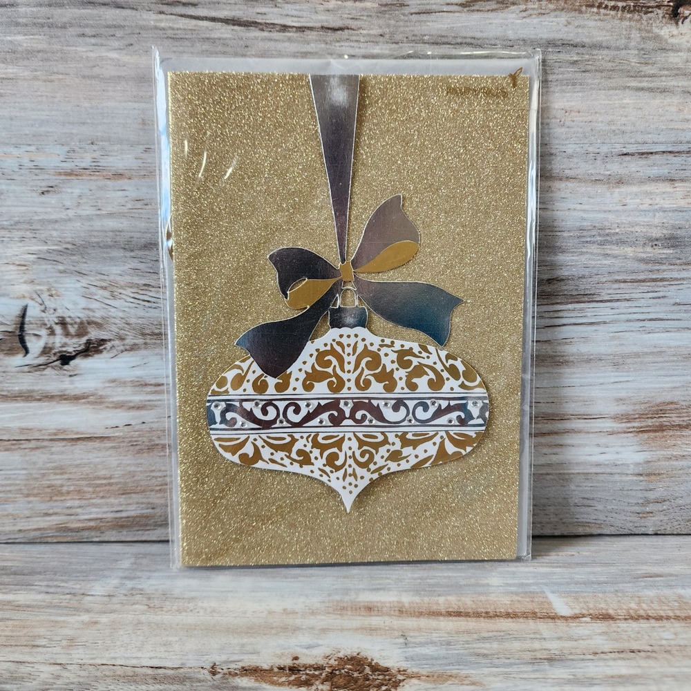 Papyrus Christmas Card Gold Glitter Ornament Filigree Bow 07026710 Holiday